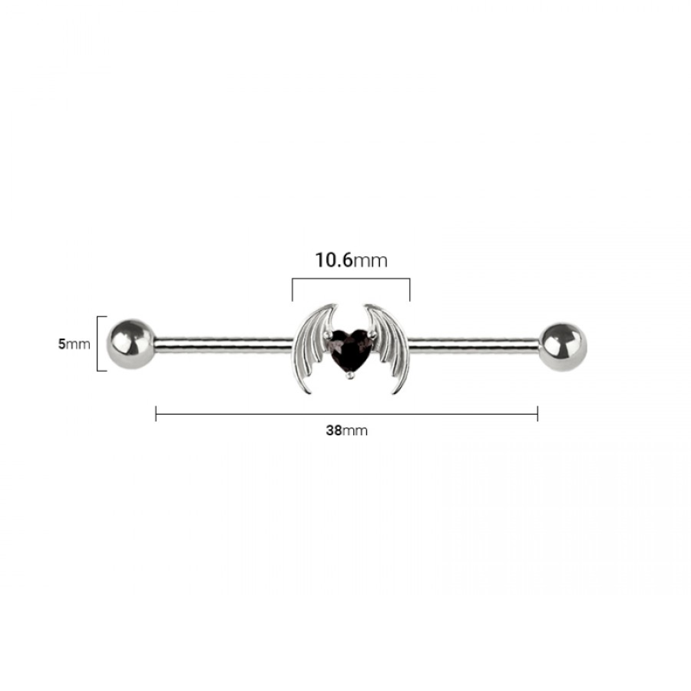 Winged CZ Crystal Heart Industrial Barbell - 316L Stainless Steel