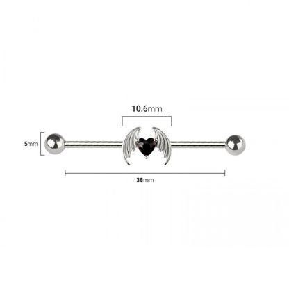 Winged CZ Crystal Heart Industrial Barbell - 316L Stainless Steel