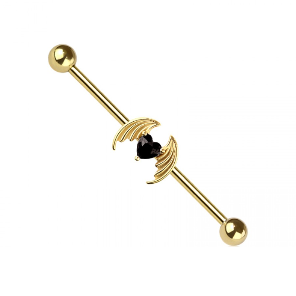 Winged CZ Crystal Heart Industrial Barbell - 316L Stainless Steel
