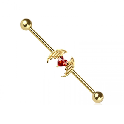Winged CZ Crystal Heart Industrial Barbell - 316L Stainless Steel