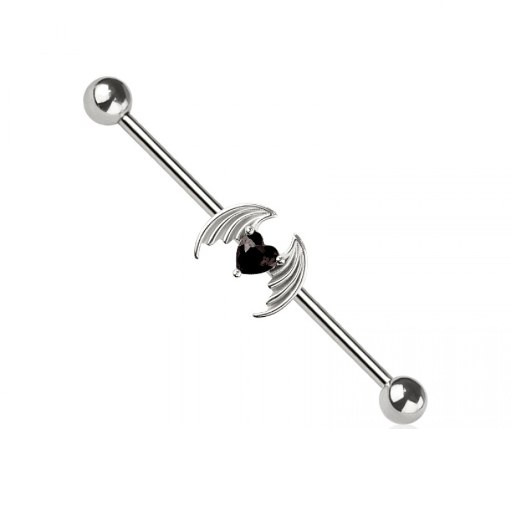 Winged CZ Crystal Heart Industrial Barbell - 316L Stainless Steel