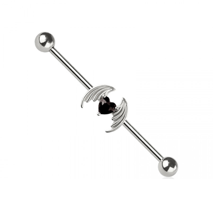 Winged CZ Crystal Heart Industrial Barbell - 316L Stainless Steel