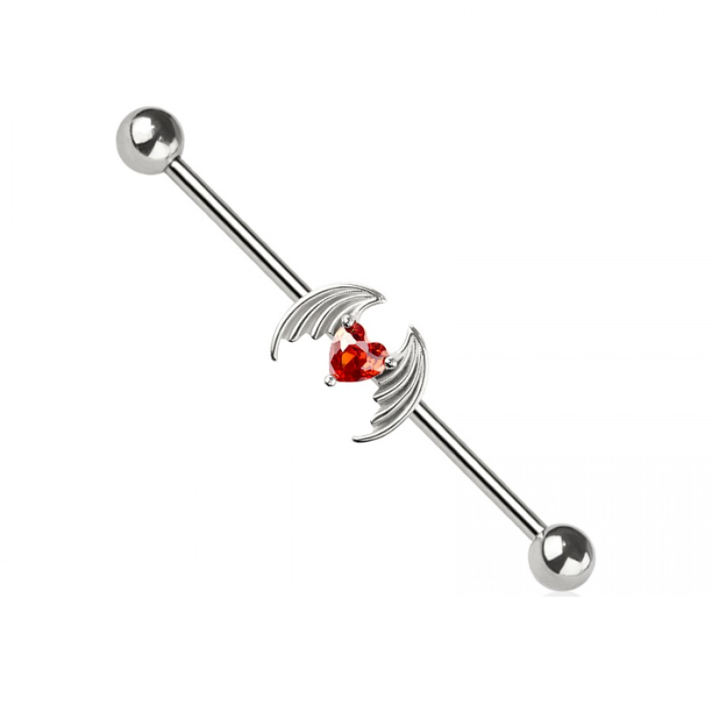 Winged CZ Crystal Heart Industrial Barbell - 316L Stainless Steel