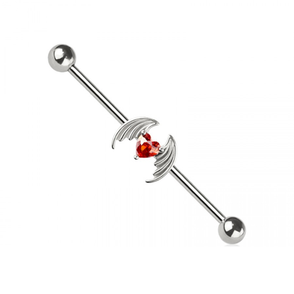 Winged CZ Crystal Heart Industrial Barbell - 316L Stainless Steel