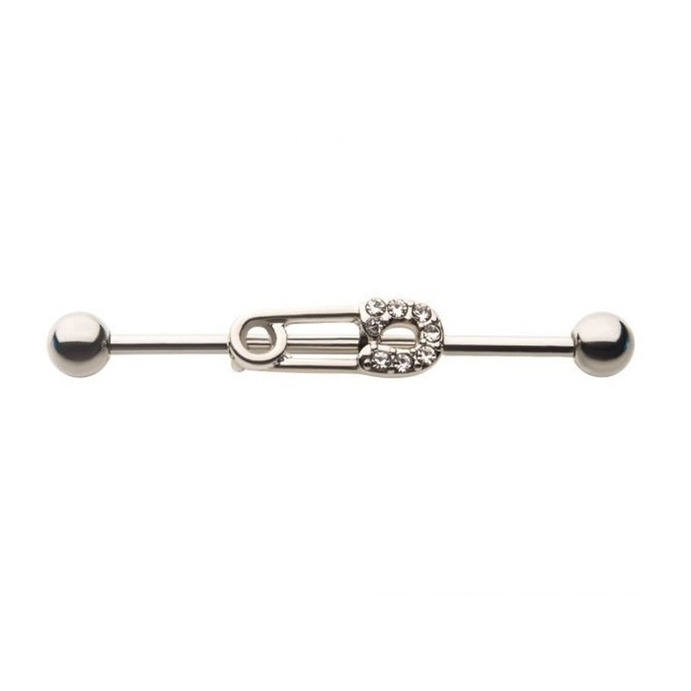 CZ Crystal Safety Pin Industrial Barbell - 316L Stainless Steel