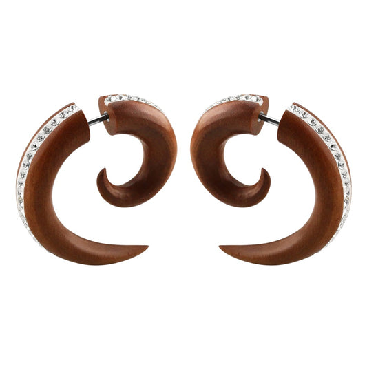 Crystal Lined Organic Sawo Wood Fake Spiral Taper Plug Earrings - Pair