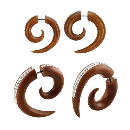 Organic Sawo Wood Fake Spiral Taper Plug Earrings - Pair