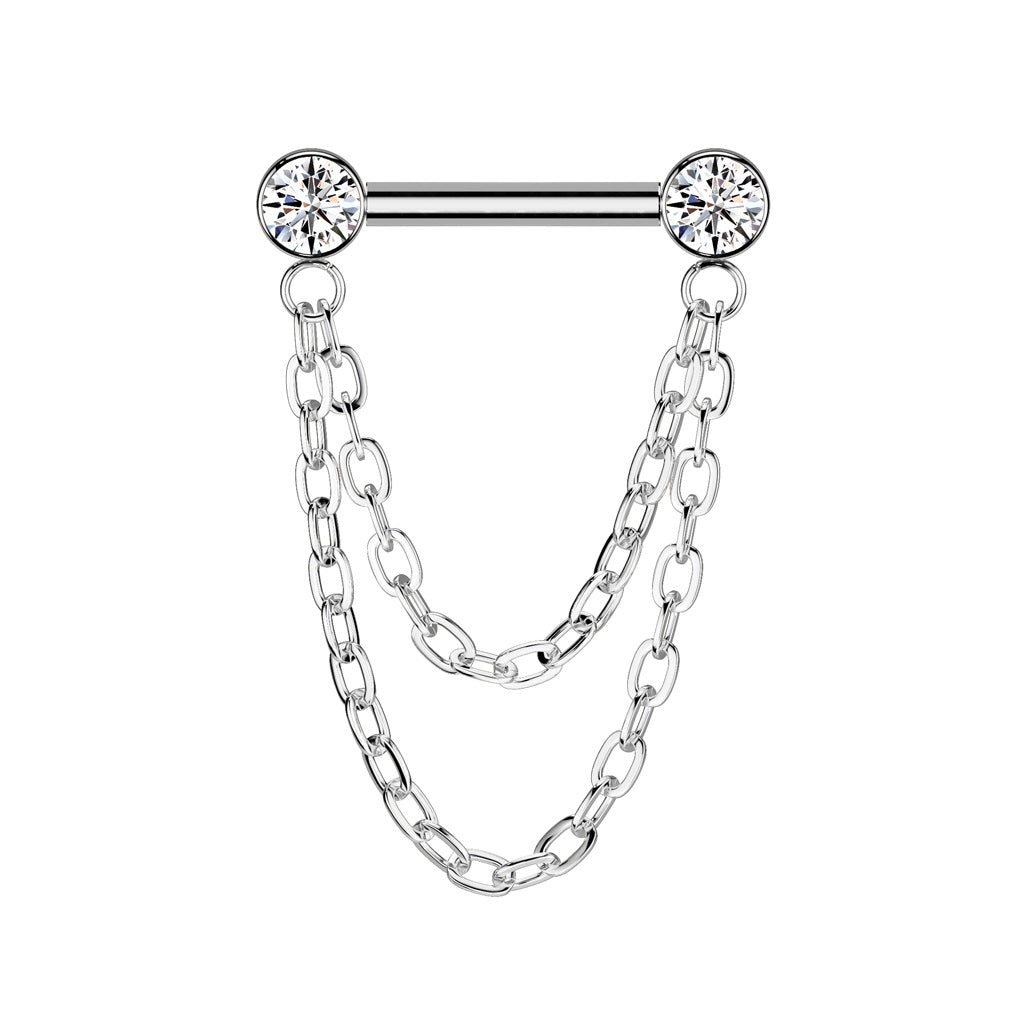 Threadless Push-In CZ Crystal with Double Dangling Chains Barbell Stud - ASTM F-136 Implant Grade Titanium