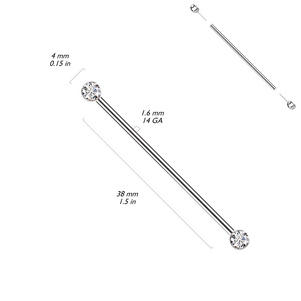 Threadless Push-In CZ Crystal Ends Industrial Barbell - ASTM F-136 Implant Grade Titanium