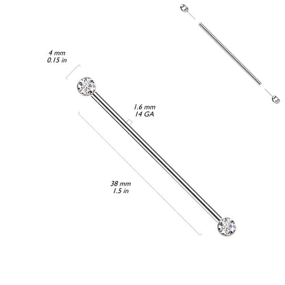 Threadless Push-In CZ Crystal Ends Industrial Barbell - ASTM F-136 Implant Grade Titanium