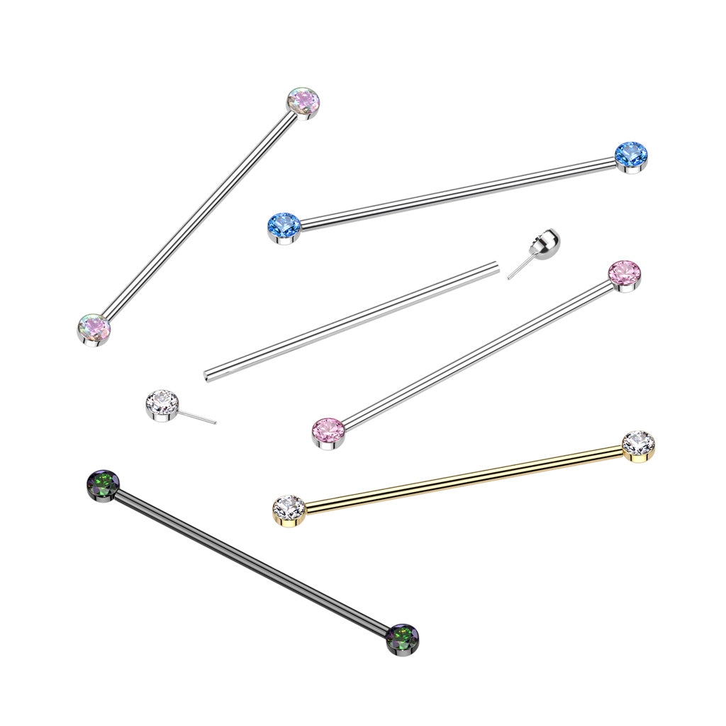 Threadless Push-In CZ Crystal Ends Industrial Barbell - ASTM F-136 Implant Grade Titanium