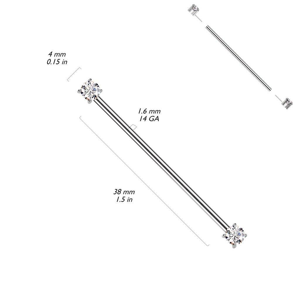 Threadless Push-In Prong Set CZ Crystal Ends Industrial Barbell - ASTM F-136 Implant Grade Titanium