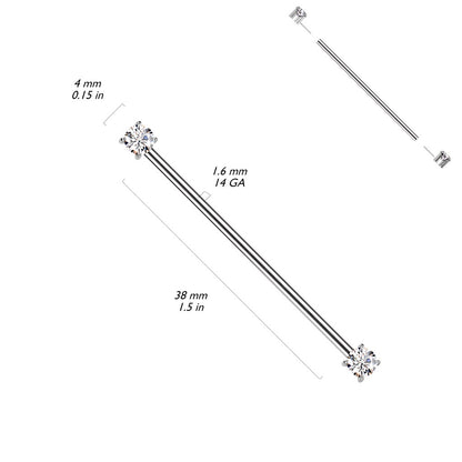 Threadless Push-In Prong Set CZ Crystal Ends Industrial Barbell - ASTM F-136 Implant Grade Titanium