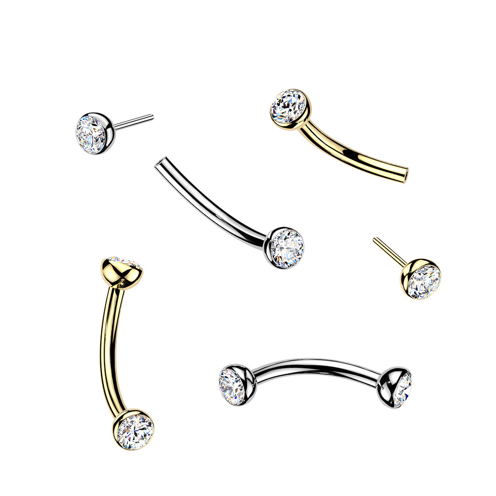 Threadless Push-In Bezel Set CZ Crystal Eyebrow Curved Barbell - ASTM F-136 Implant Grade Titanium