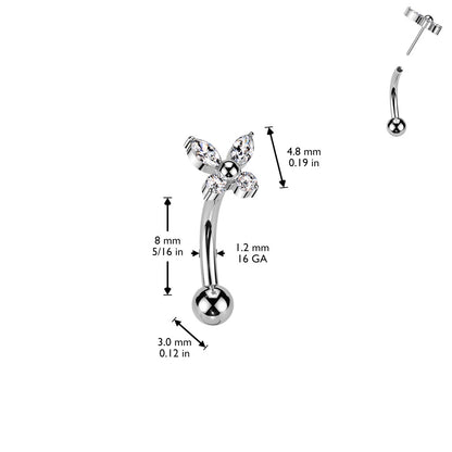 Threadless Push-In CZ Crystal Butterfly Top Eyebrow Curved Barbell - ASTM F-136 Implant Grade Titanium