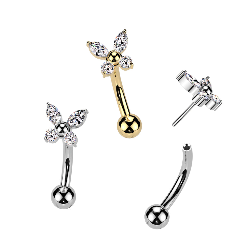 Threadless Push-In CZ Crystal Butterfly Top Eyebrow Curved Barbell - ASTM F-136 Implant Grade Titanium