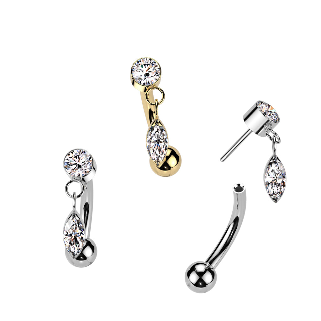 Threadless Push-In Dangling CZ Crystal Marquise Eyebrow Curved Barbell - ASTM F-136 Implant Grade Titanium