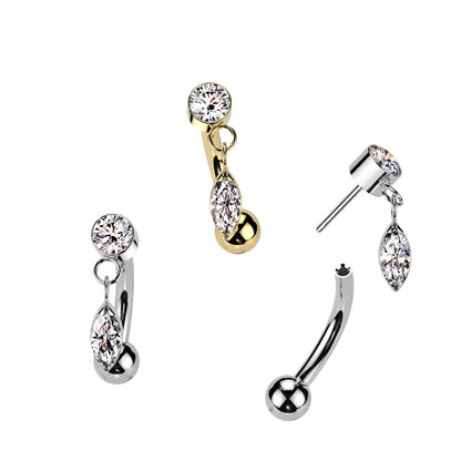 Threadless Push-In Dangling CZ Crystal Marquise Eyebrow Curved Barbell - ASTM F-136 Implant Grade Titanium