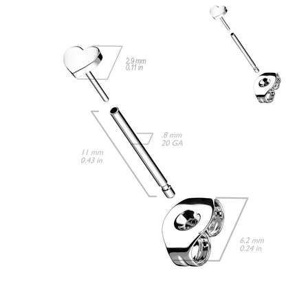 Threadless Heart Shaped Top Stud Earrings - G23 Implant Grade Titanium