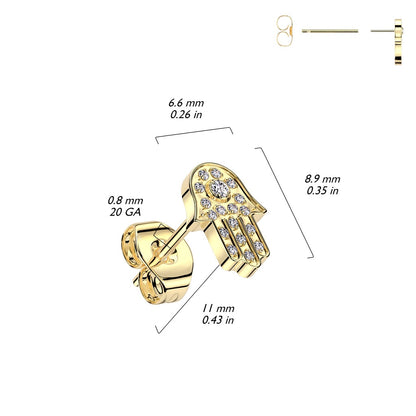 Threadless Push-In CZ Crystal Hamsa Hand Stud Earring - ASTM F-136 Implant Grade Titanium