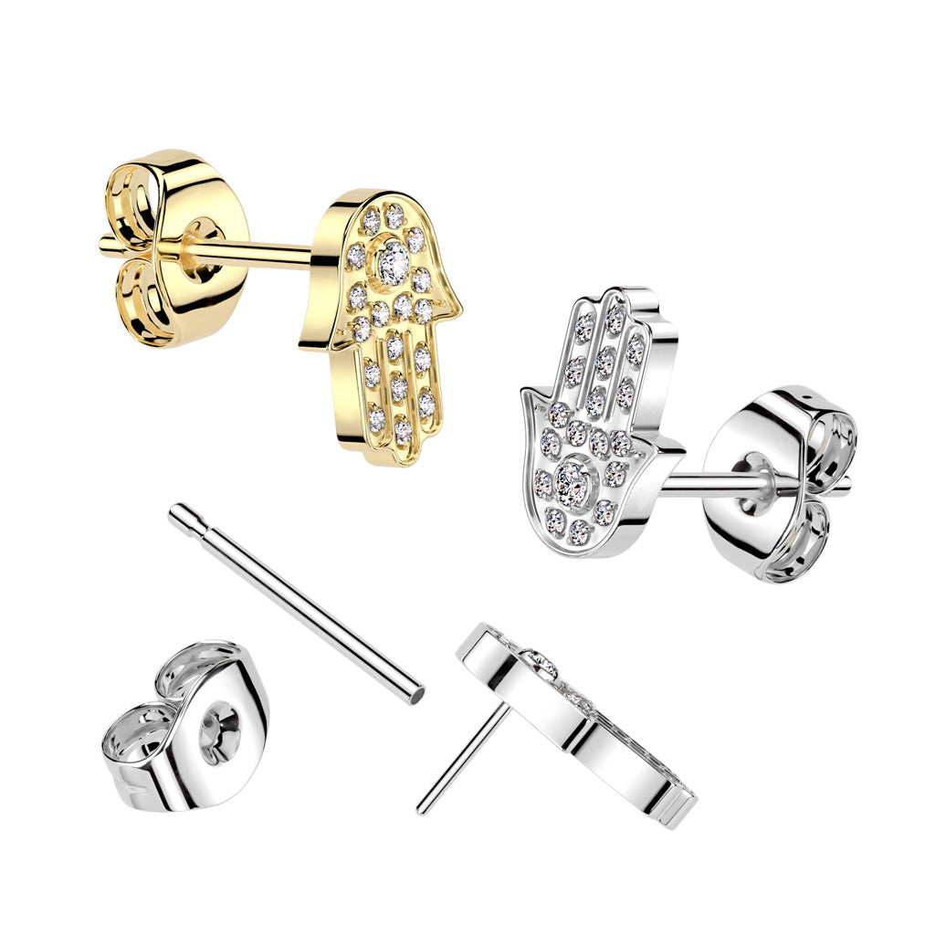 Threadless Push-In CZ Crystal Hamsa Hand Stud Earring - ASTM F-136 Implant Grade Titanium