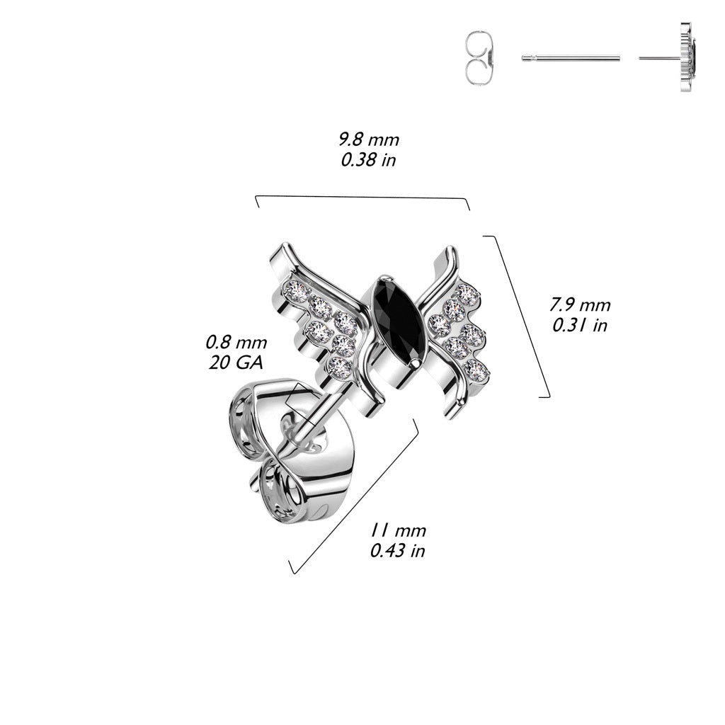 Threadless Push-In CZ Crystal Butterfly Stud Earring - ASTM F-136 Implant Grade Titanium