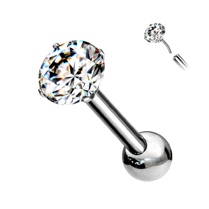 Threadless Push-In CZ Crystal Barbell Stud - G23 Implant Grade Titanium