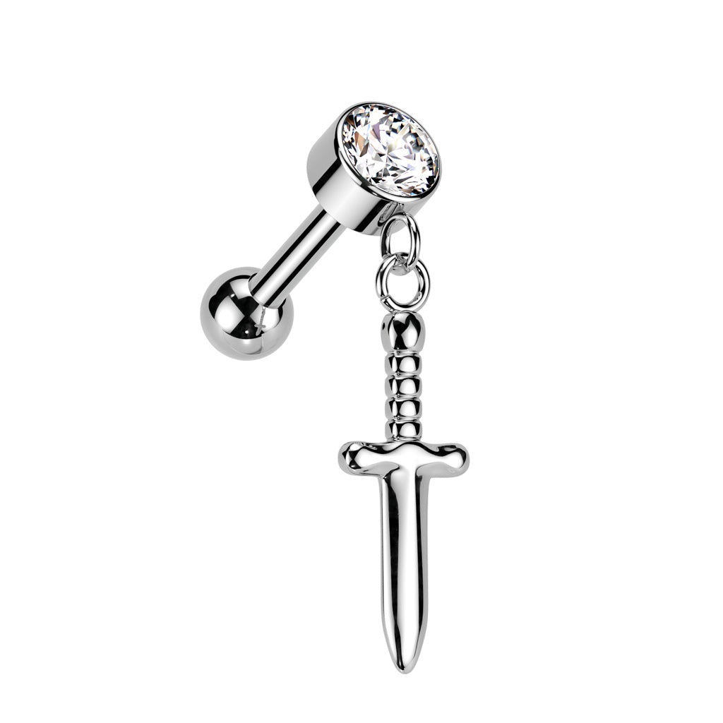 Threadless Push-In CZ Crystal with Dangling Dagger Barbell Stud - ASTM F-136 Implant Grade Titanium