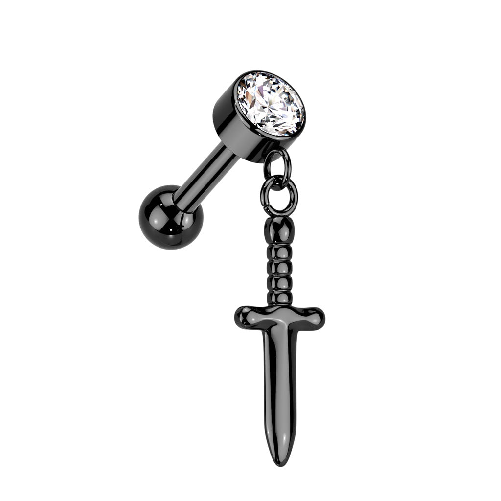 Threadless Push-In CZ Crystal with Dangling Dagger Barbell Stud - ASTM F-136 Implant Grade Titanium