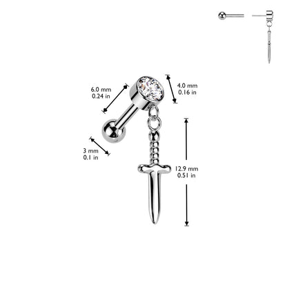 Threadless Push-In CZ Crystal with Dangling Dagger Barbell Stud - ASTM F-136 Implant Grade Titanium