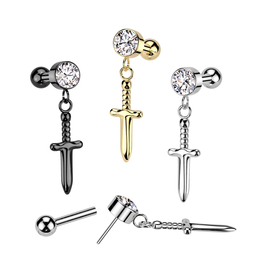 Threadless Push-In CZ Crystal with Dangling Dagger Barbell Stud - ASTM F-136 Implant Grade Titanium