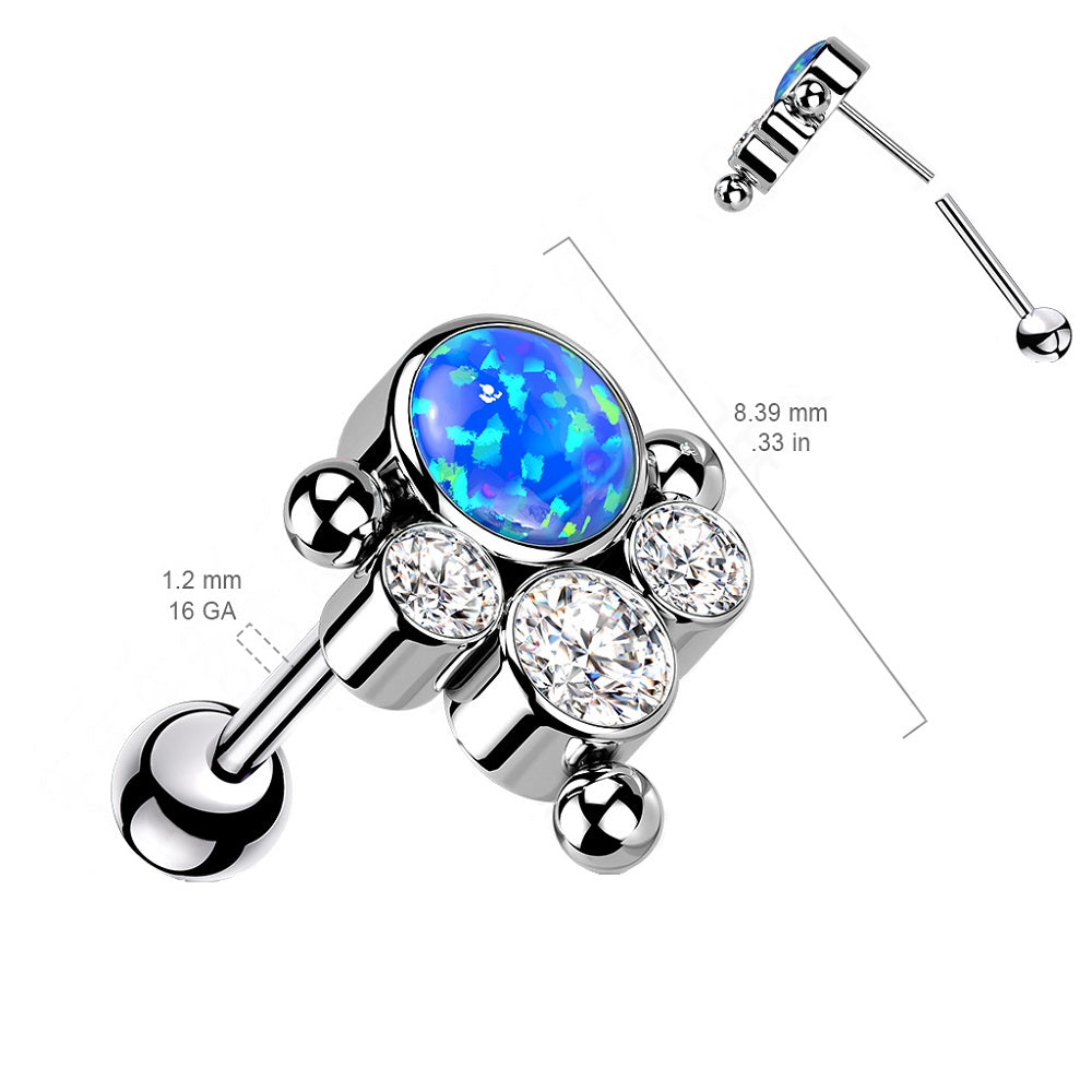 Synthetic Opal with CZ Crystal Ball Cluster Threadless Push-in Barbell
 - G23 Implant Grade Titanium