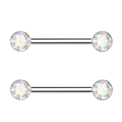 Bezel Set CZ Crystal Ends Nipple Barbells - Pair - ASTM F-136 Implant Grade Titanium