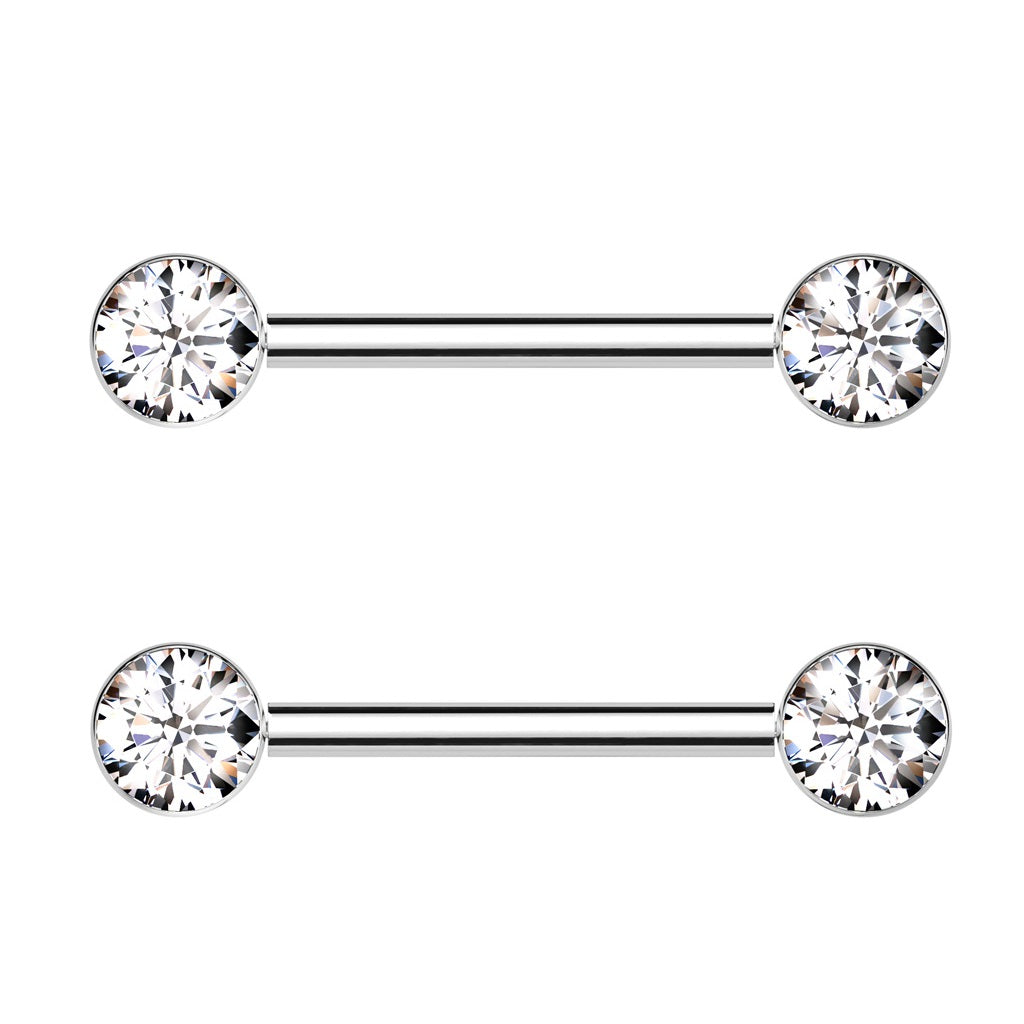 Bezel Set CZ Crystal Ends Nipple Barbells - Pair - ASTM F-136 Implant Grade Titanium