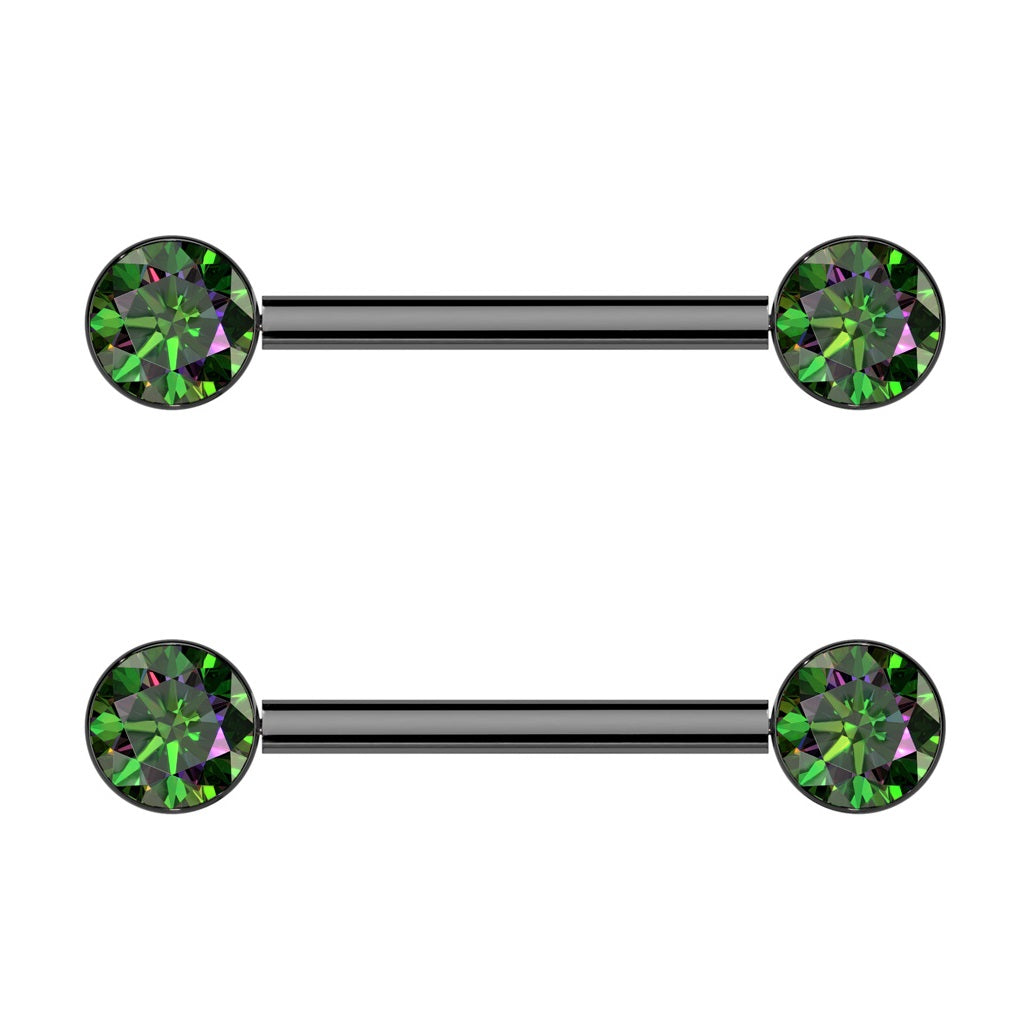 Bezel Set CZ Crystal Ends Nipple Barbells - Pair - ASTM F-136 Implant Grade Titanium