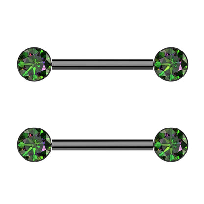 Bezel Set CZ Crystal Ends Nipple Barbells - Pair - ASTM F-136 Implant Grade Titanium