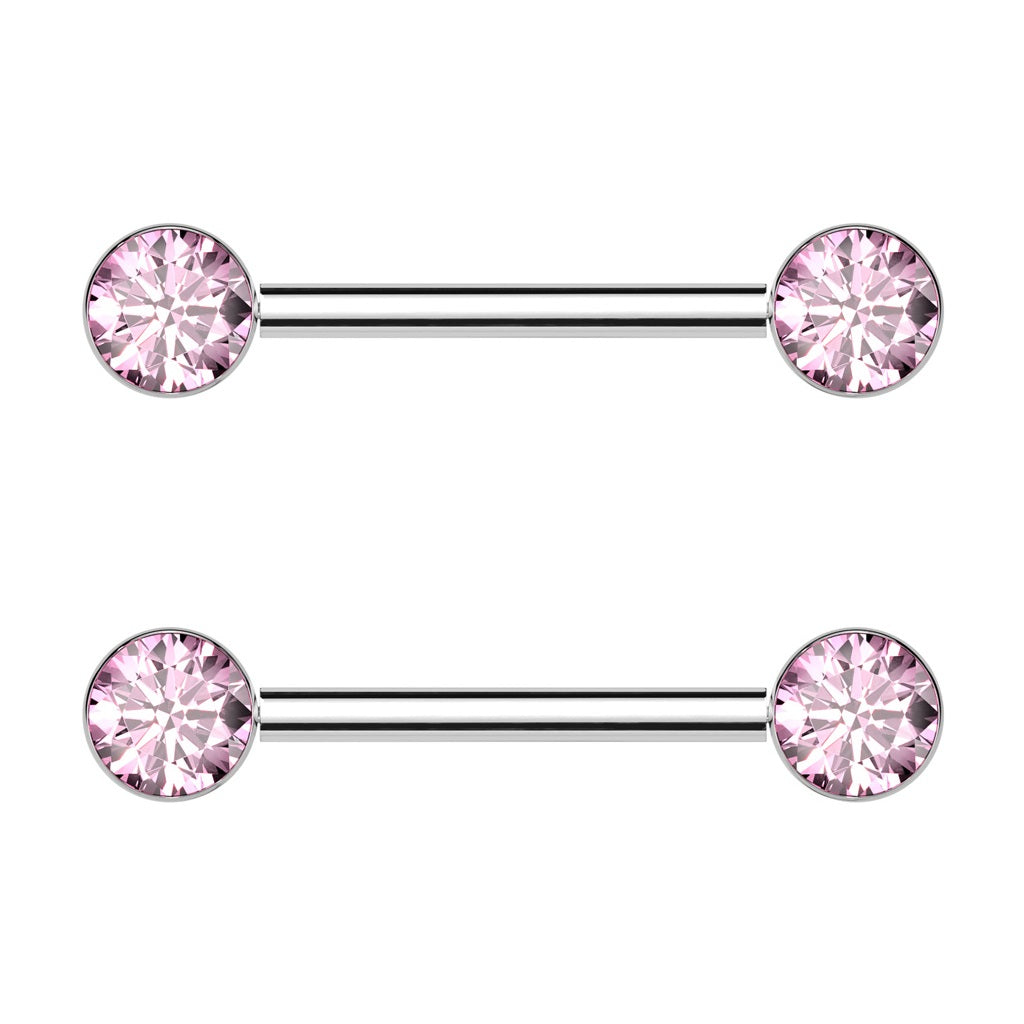 Bezel Set CZ Crystal Ends Nipple Barbells - Pair - ASTM F-136 Implant Grade Titanium