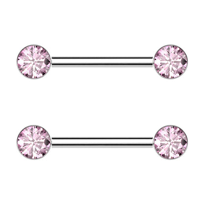 Bezel Set CZ Crystal Ends Nipple Barbells - Pair - ASTM F-136 Implant Grade Titanium