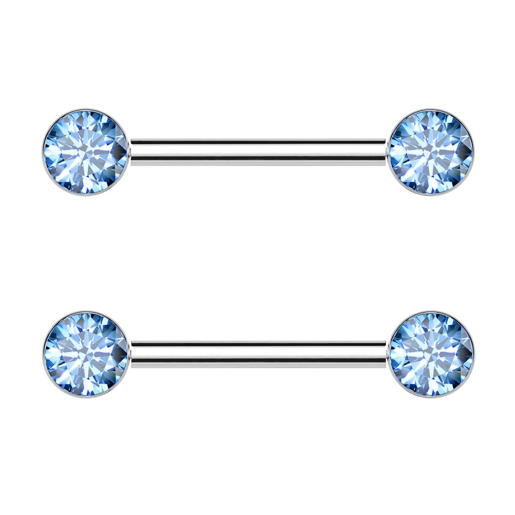 Bezel Set CZ Crystal Ends Nipple Barbells - Pair - ASTM F-136 Implant Grade Titanium