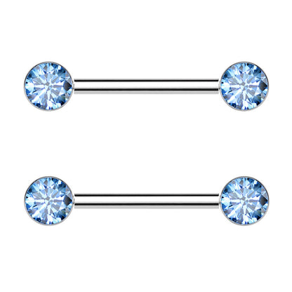 Bezel Set CZ Crystal Ends Nipple Barbells - Pair - ASTM F-136 Implant Grade Titanium