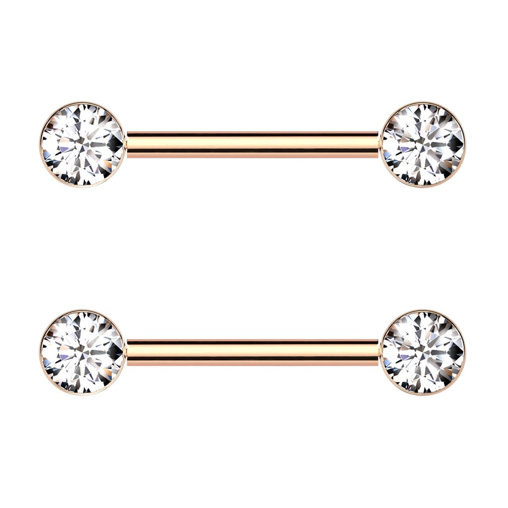 Bezel Set CZ Crystal Ends Nipple Barbells - Pair - ASTM F-136 Implant Grade Titanium