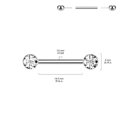 Bezel Set CZ Crystal Ends Nipple Barbells - Pair - ASTM F-136 Implant Grade Titanium