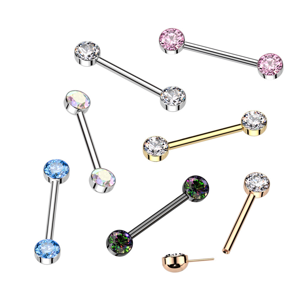 Bezel Set CZ Crystal Ends Nipple Barbells - Pair - ASTM F-136 Implant Grade Titanium