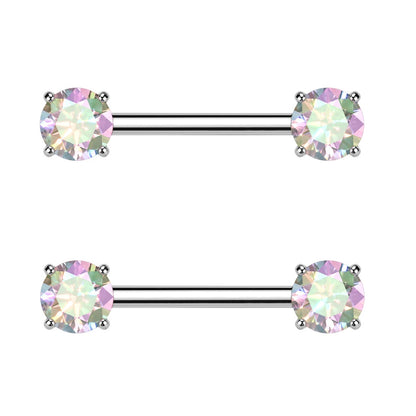 Threadless Push-In Prong Set CZ Crystal Ends Nipple Barbells - Pair - ASTM F-136 Implant Grade Titanium