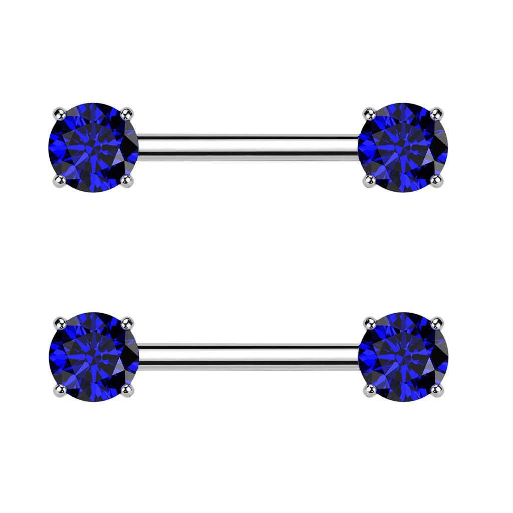 Threadless Push-In Prong Set CZ Crystal Ends Nipple Barbells - Pair - ASTM F-136 Implant Grade Titanium