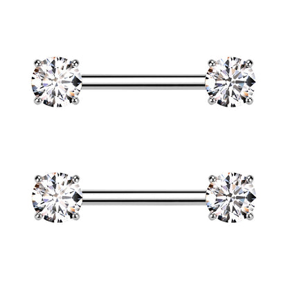 Threadless Push-In Prong Set CZ Crystal Ends Nipple Barbells - Pair - ASTM F-136 Implant Grade Titanium