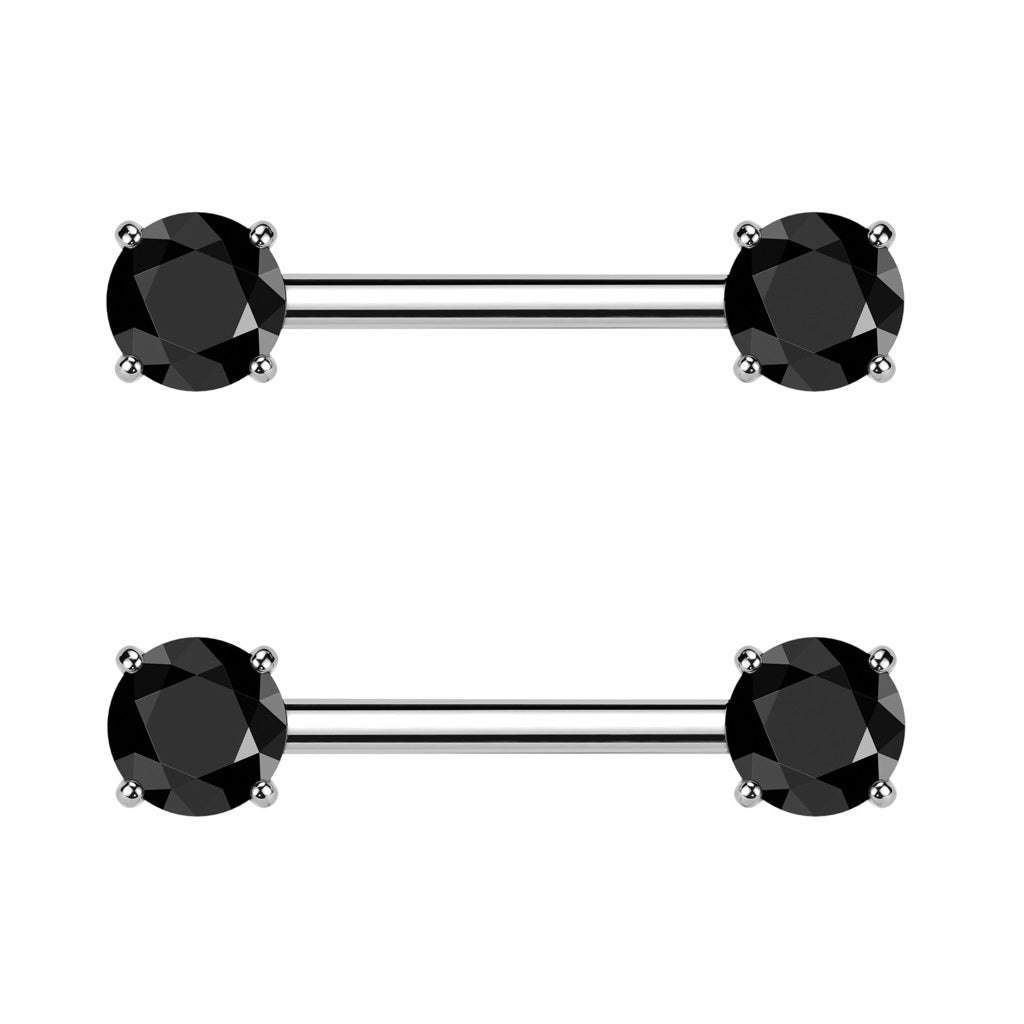 Threadless Push-In Prong Set CZ Crystal Ends Nipple Barbells - Pair - ASTM F-136 Implant Grade Titanium