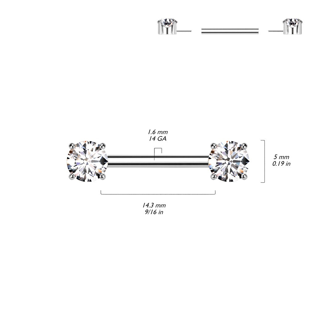 Threadless Push-In Prong Set CZ Crystal Ends Nipple Barbells - Pair - ASTM F-136 Implant Grade Titanium