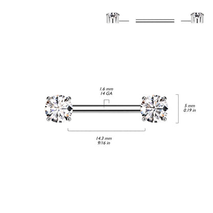 Threadless Push-In Prong Set CZ Crystal Ends Nipple Barbells - Pair - ASTM F-136 Implant Grade Titanium