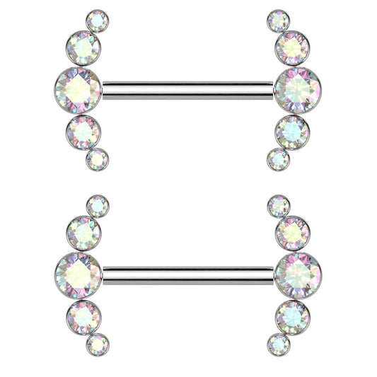 Threadless Push-In Curved CZ Crystal Ends Nipple Barbells - Pair - ASTM F-136 Implant Grade Titanium